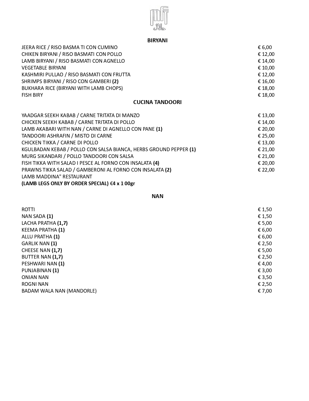 Maddina Florence Tandoori Restaurant Menu