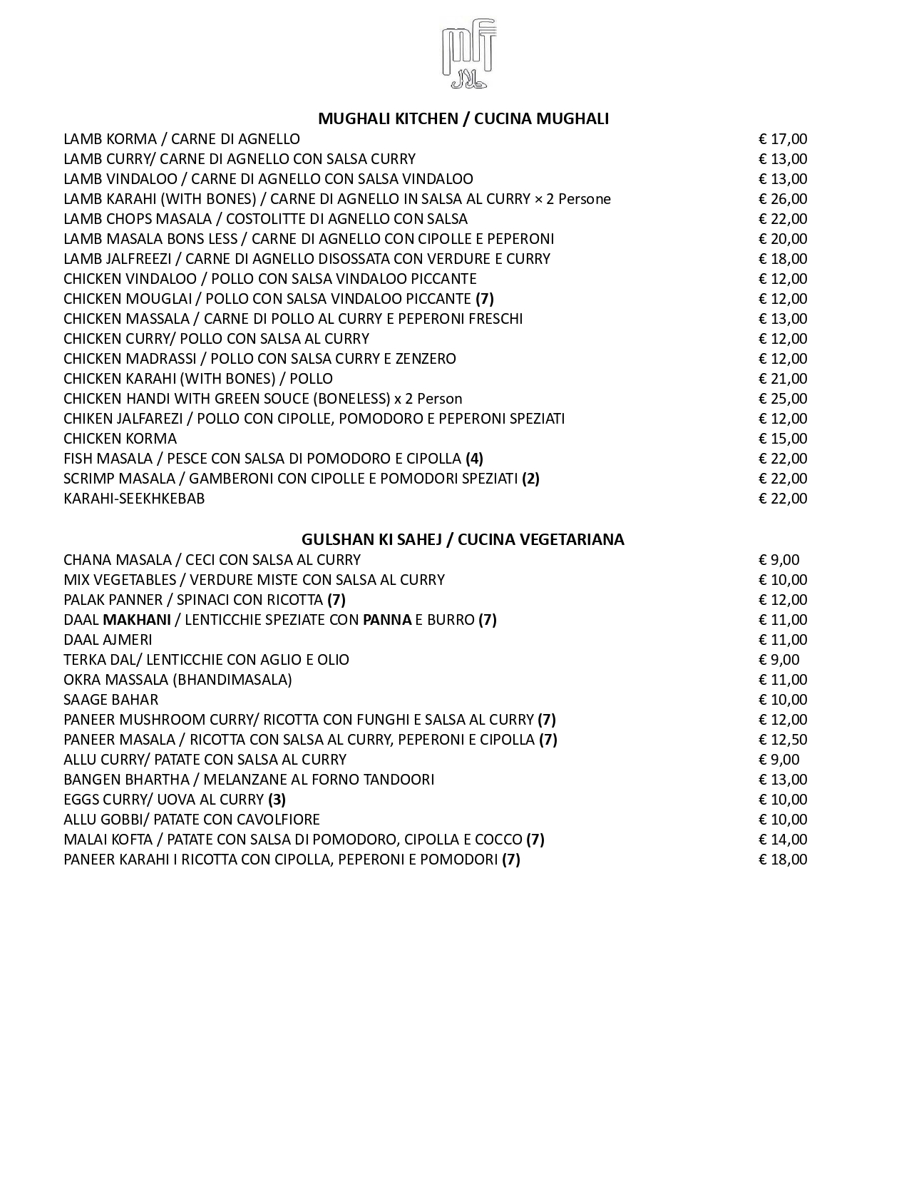 Maddina Florence Tandoori Restaurant Menu